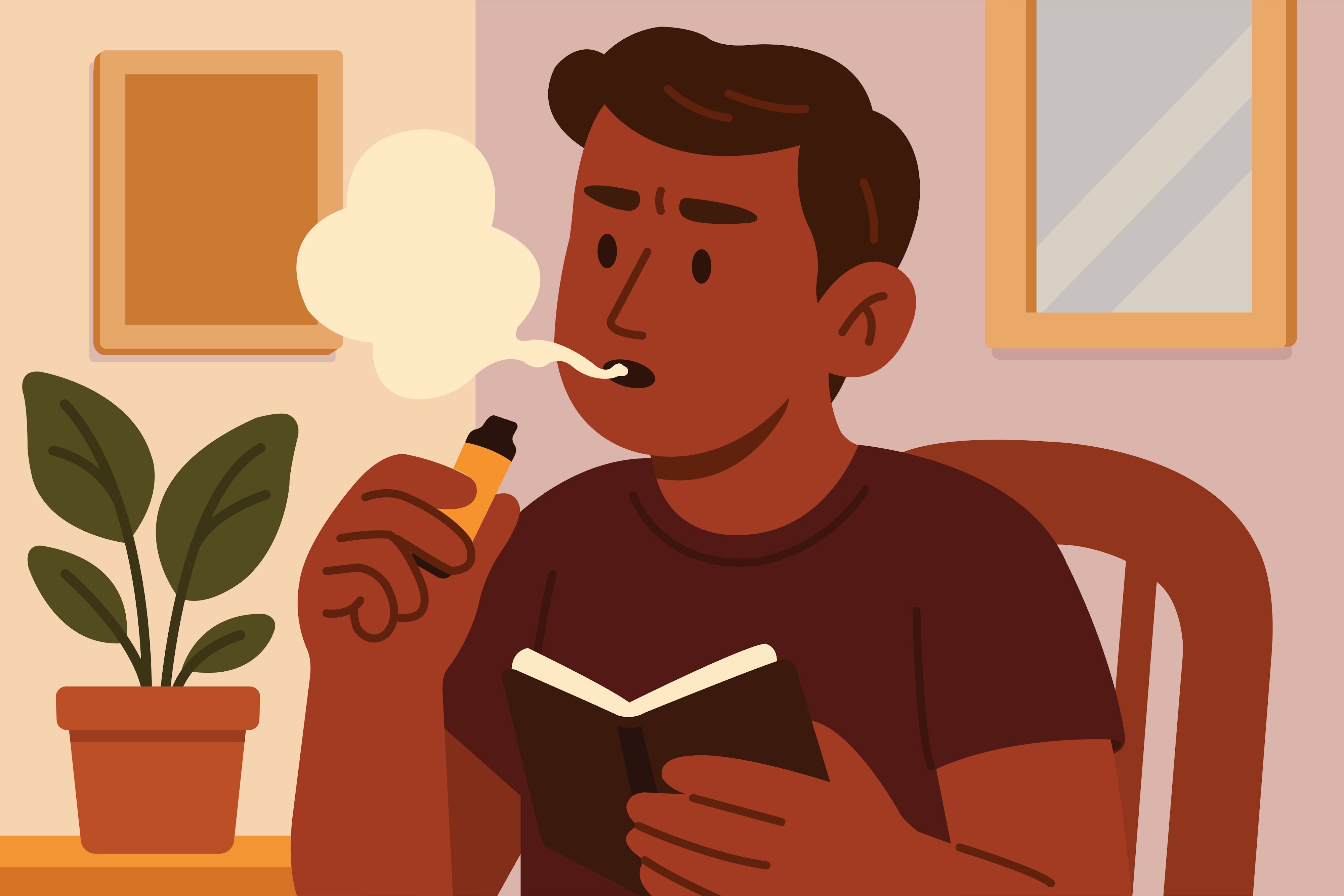 Shows an individual vaping